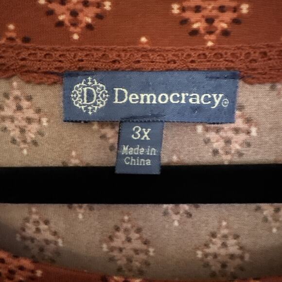 Democracy Women's Plus Size 3X Scoop Neck 3/4 Sleeve Burnt Orange Geometric Top - Picture 2 of 10